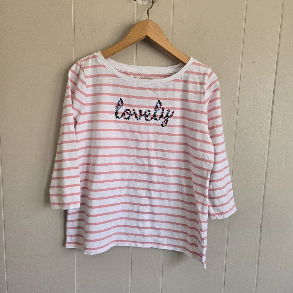 Talbots 'Lovely' Tee Shirt Top Pink Striped Embroidery 3/4 Sleeves Size L Petite - Picture 2 of 9